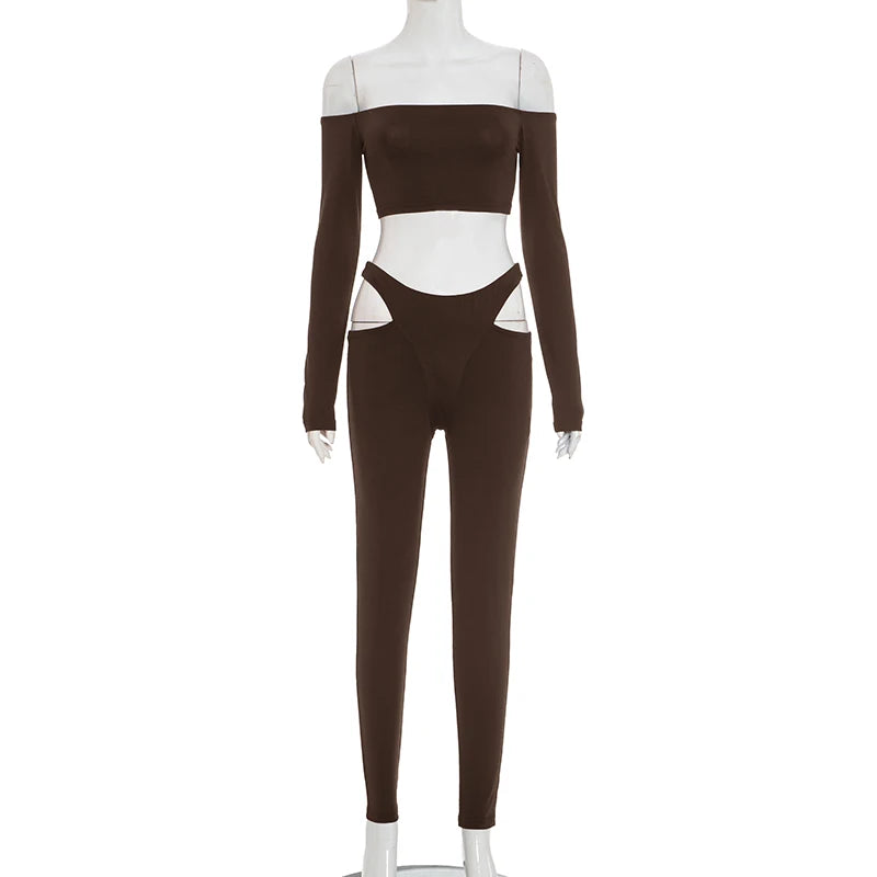 Cutenew Tight Slash Neck 2 Piece Set Women Crop Tops+High-Waist Hollow Leggings Matching Streetwear Casual Sporty Outfits