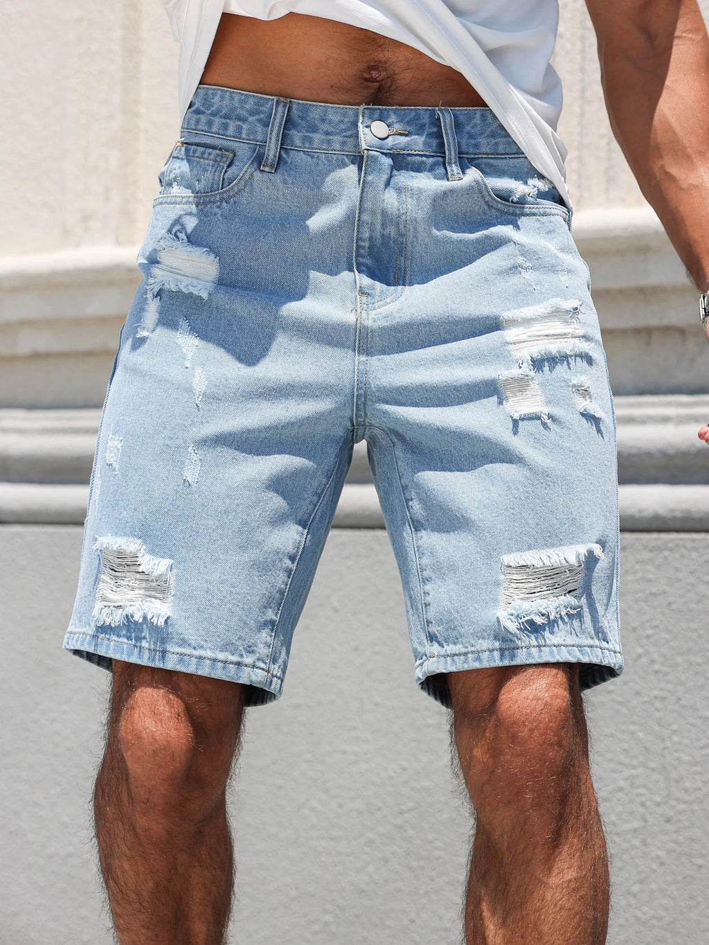 Hole-washed Water Buffalo Denim Short Pants - Men's Trendy Loose Straight Five-Piece Casual Shorts - Summer New Style