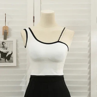 Sexy solid color crop tops sports spaghetti strap tanke top women built in bra off shoulder sleeveless omighty camisole hot