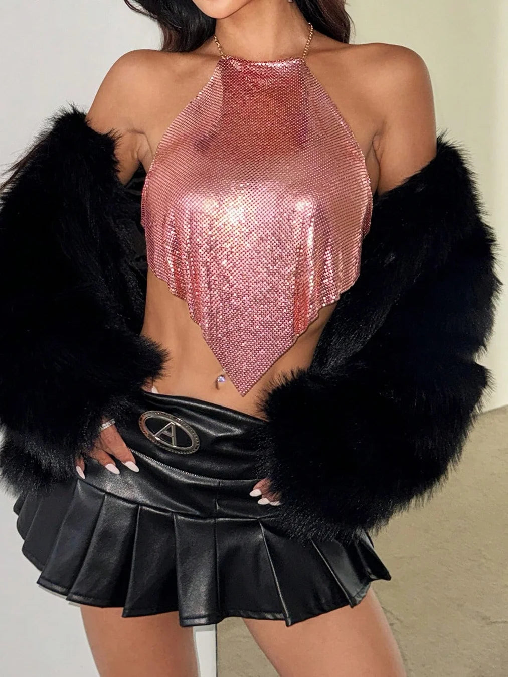 Fashion Halter Neck Backless Crop Top Glitter Metal Sequins Sleeveless Dew Waist Tank Top Summer Women Rave Festival Camisole