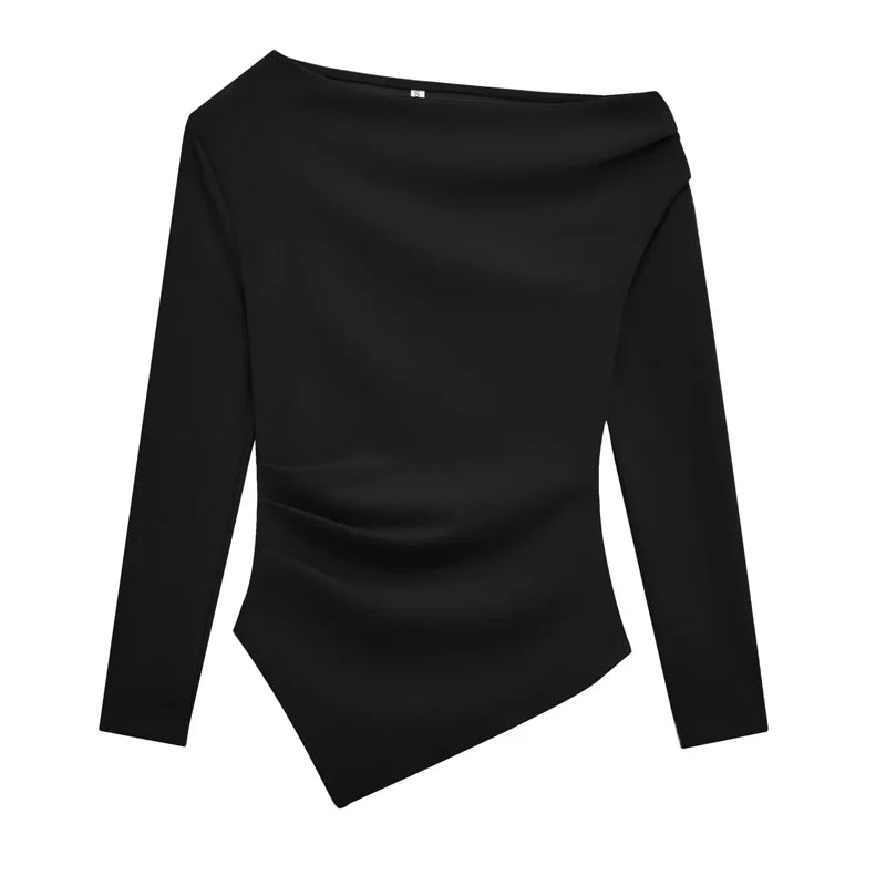 HXAO Womens Tops Off Shoulder Cropped Asymmetrical Top Spring 2025 Woman Ruffled Plain T-Shirts Long Sleeve Top Women's Blouses