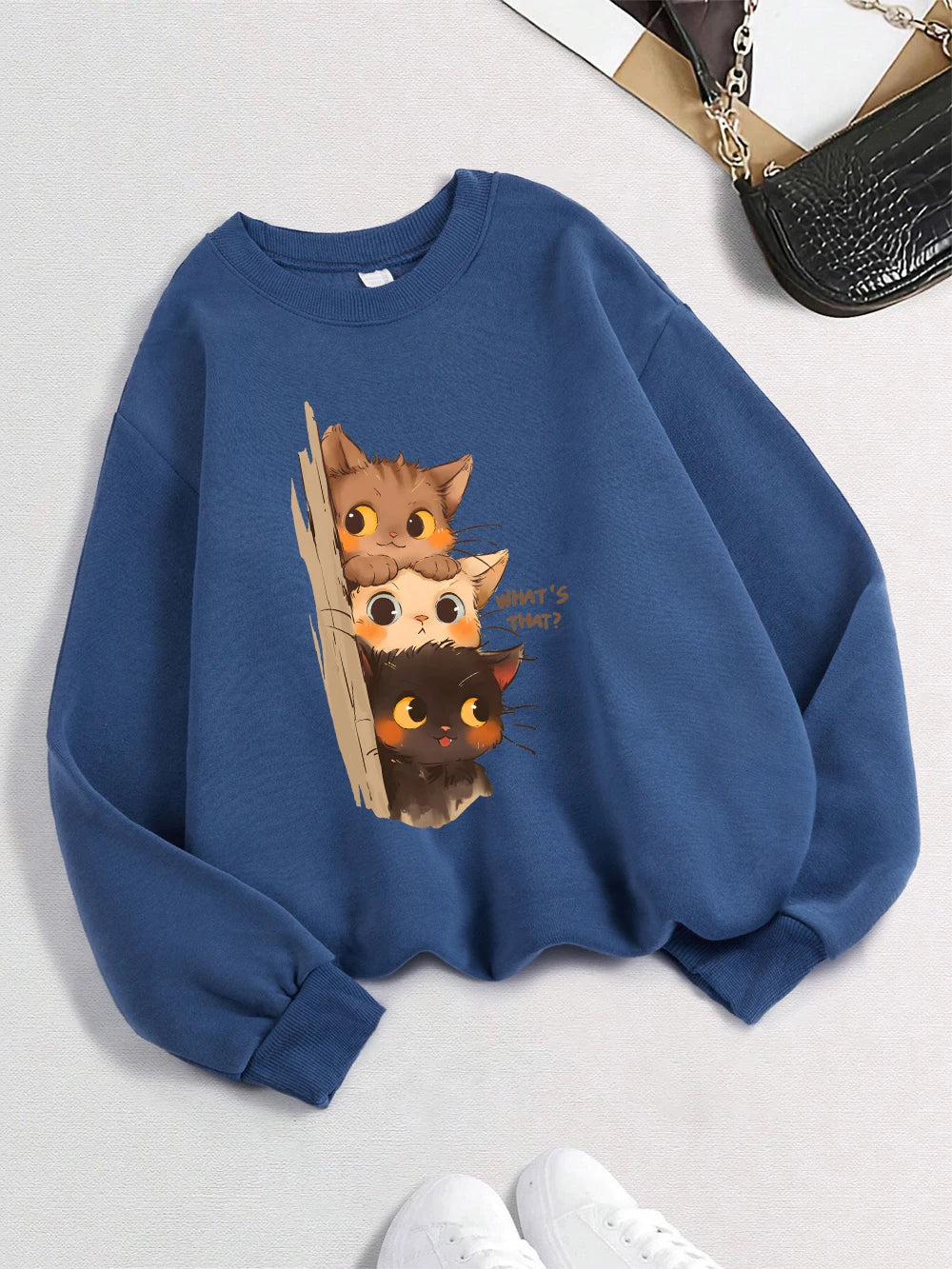 Three Little Cats Are Secretly Watching You Print Hoodie Women Street Loose Sweatshirt Basics Sporty Pullover Winter Clothes