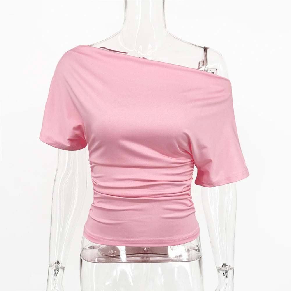 Talenza Summer One Shoulder Tops Fashion Slim Shrink Short Sleeve T-Shirts Sexy Party Y2k Streetwear Solid Pullover Tops Women