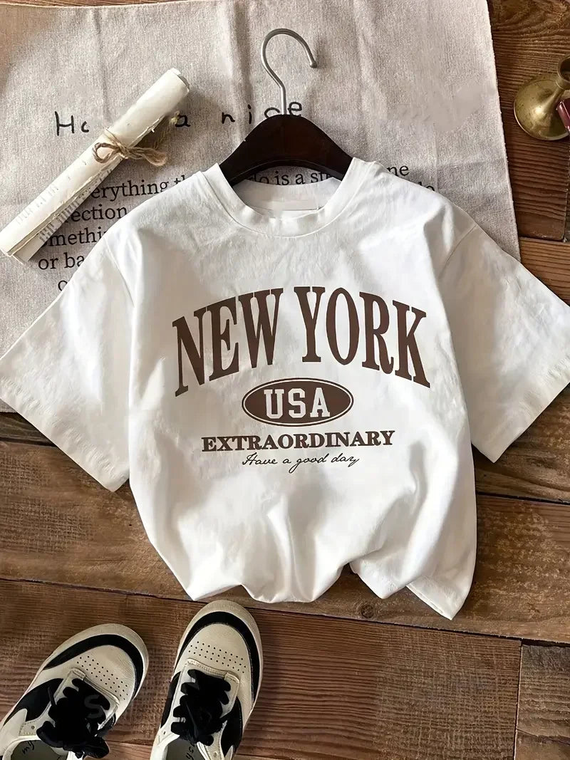 New York City Letter Printed T-shirt Fashion Casual T-shirt Pure Cotton Fun Women's Sports Top Creative Summer Women's T-shirt