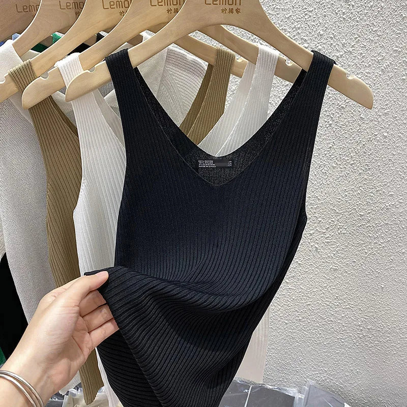 Zjaiss 2026 Summer Fashion Women Camisole Ice Silk Knit Tank Top Slim Fit Sleeveless Base Top Solid Color V-Neck Crop Top
