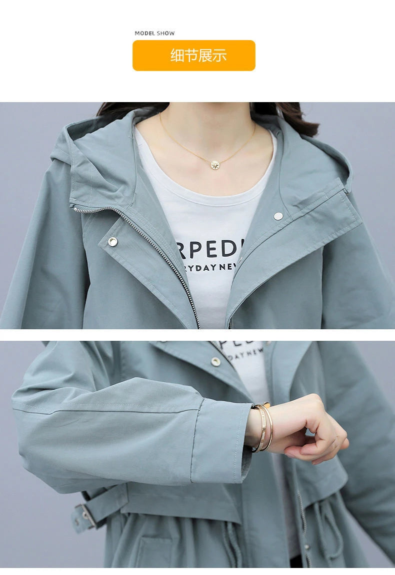 Spring and Autumn 2023 Women's Mid-length Trench Coat Hooded Zipper Tie-in Jackets British Style Loose Coats Women's Clothing