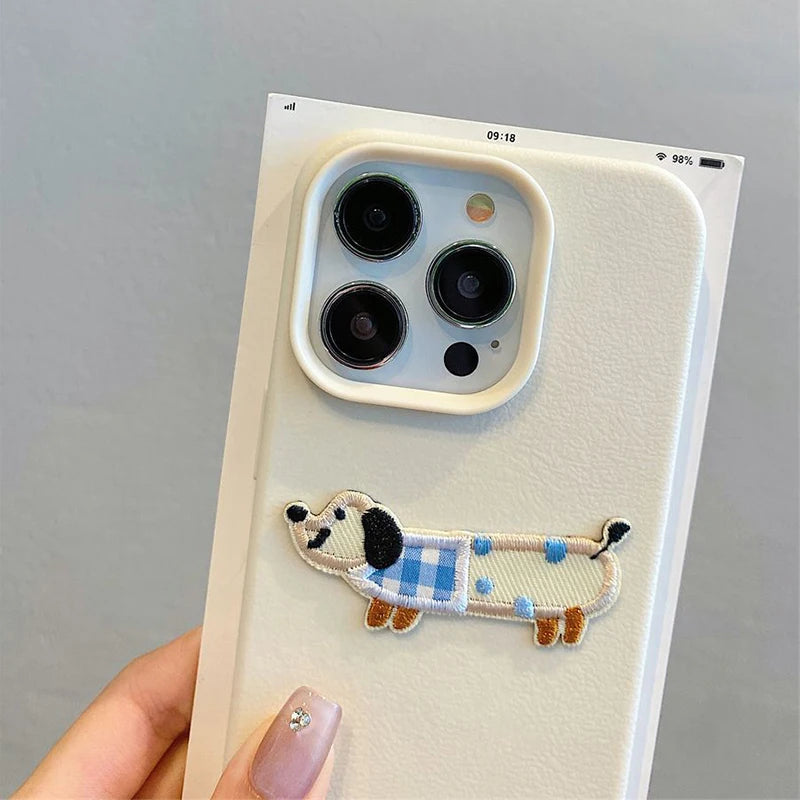 3D Cartoon Embroidery Dog Personalized Custom Name Phone Case For iPhone 16 15 14 13 11 12 Pro Max Plus X XS XR Candy DIY Cover