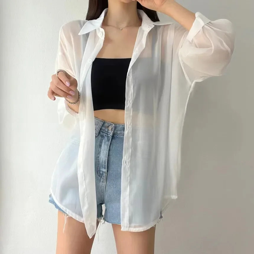 2025 Colors Shirts Women Sheer Thin Chic Summer Simple Solid Sun-proof Temper Fashion Baggy All-match Basic Korean Style Clothes