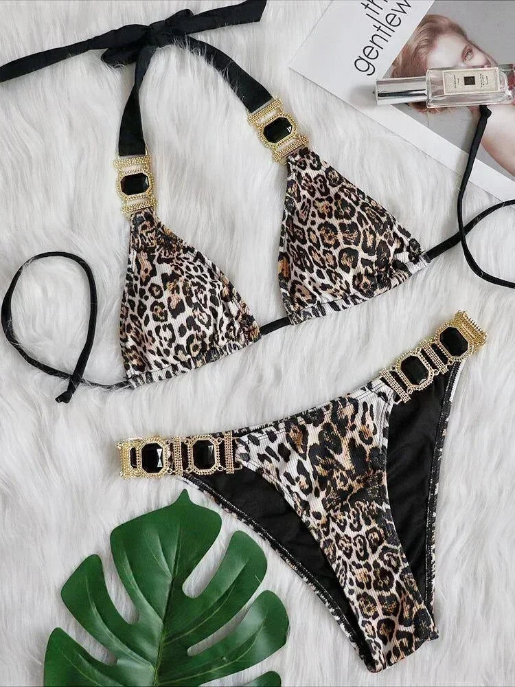 2025 Rhinestone Swimsuit Women Bikinis Crystal Diamond Bikini Set Metal Chain Swimwear female Luxury Aristocratic Swimming Suit