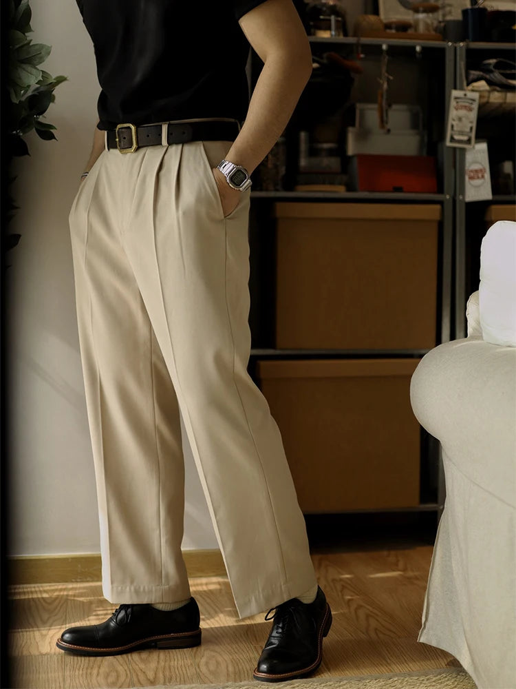 2025 Spring Trendy Mens Trousers Solid Color Pleated Loose Straight Pants Men Leisure Breathable Suit Trousers Men's Clothing