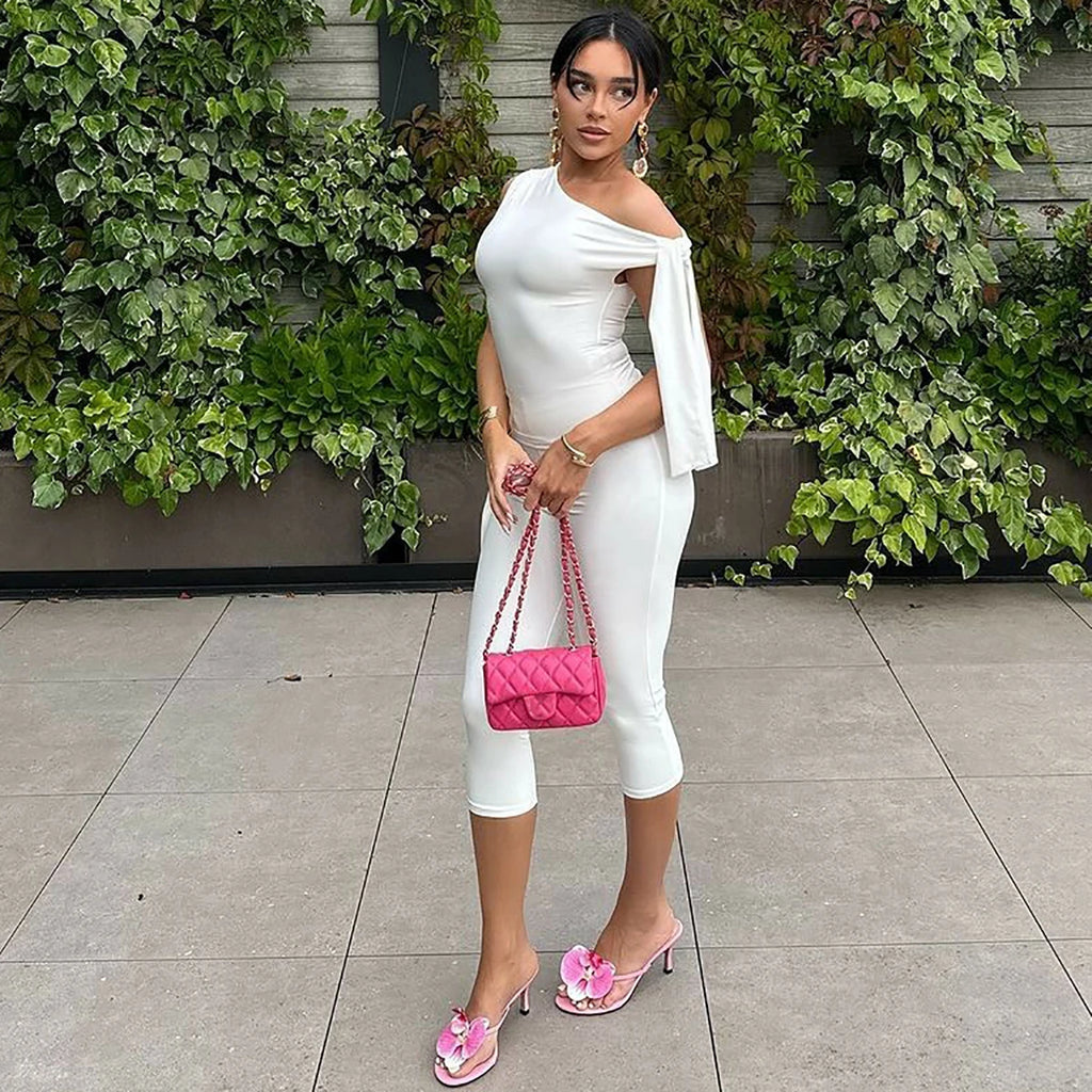 Hugcitar Fashion 2 Pcs Sets Solid One Shoulder Sleeveless Draped Sexy Top Knee Length Pants Women Y2K Outfits Festival Party
