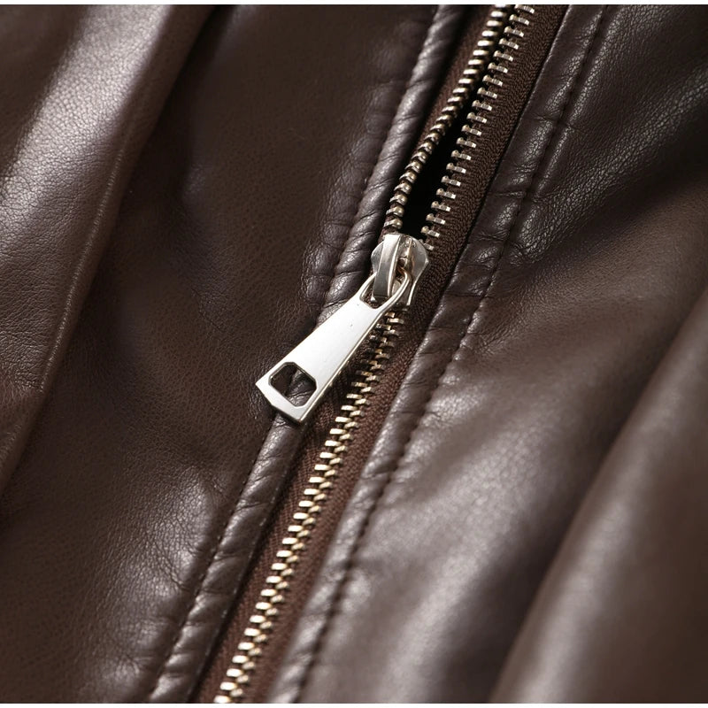 Fashion Brown Slim Waist Leather Jacket Women Loose Lapel Long Sleeve One Button Zipper Jackets 2026 Spring Street Lady Outwear