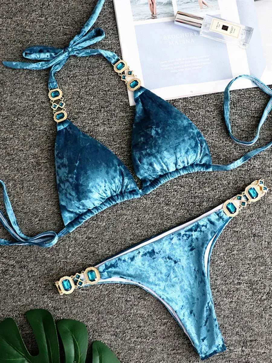 2025 Rhinestone Swimsuit Women Bikinis Crystal Diamond Bikini Set Metal Chain Swimwear female Luxury Aristocratic Swimming Suit