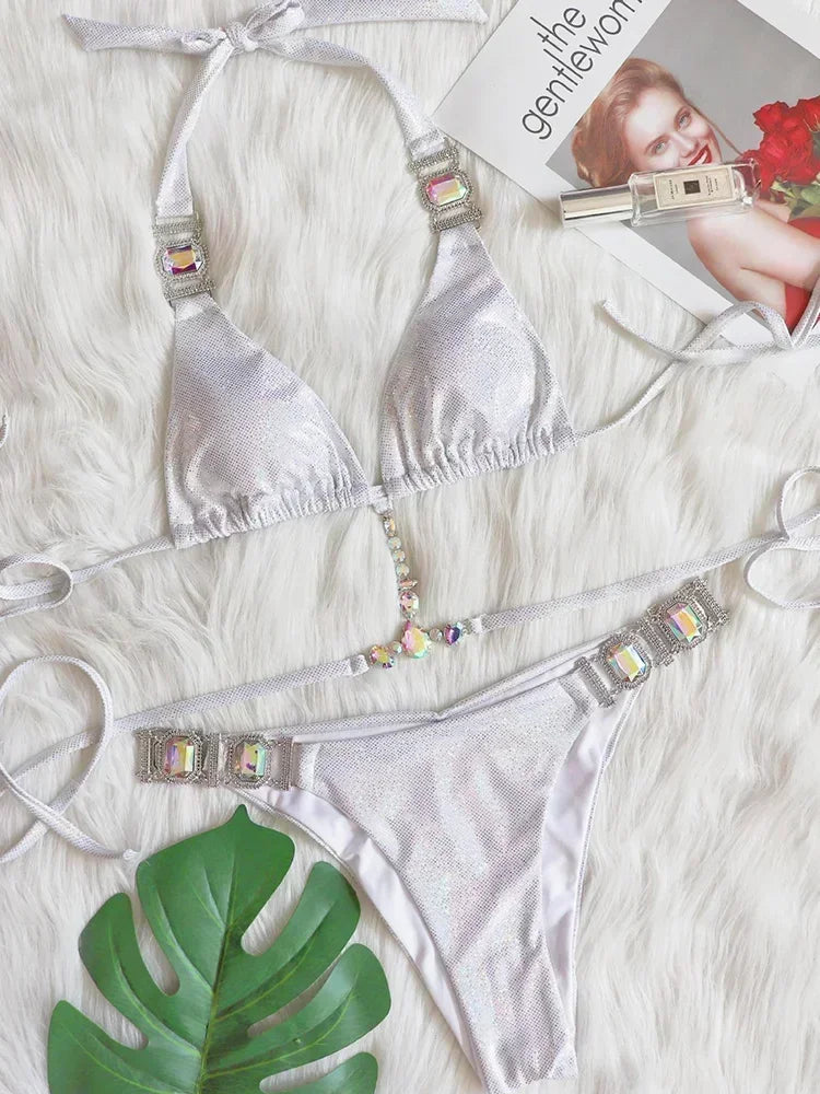 2025 Rhinestone Swimsuit Women Bikinis Crystal Diamond Bikini Set Metal Chain Swimwear female Luxury Aristocratic Swimming Suit