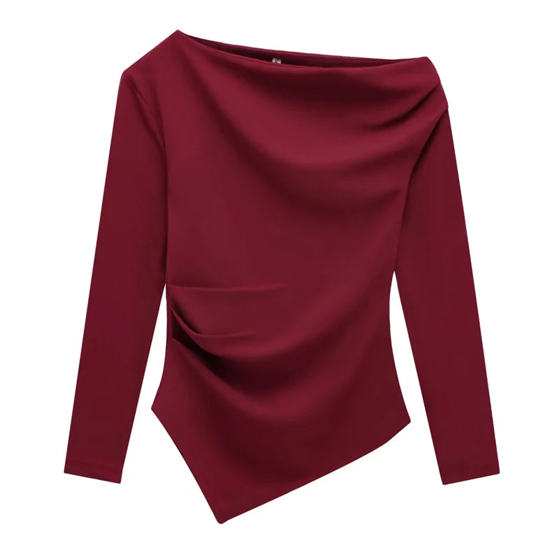 HXAO Womens Tops Off Shoulder Cropped Asymmetrical Top Spring 2025 Woman Ruffled Plain T-Shirts Long Sleeve Top Women's Blouses