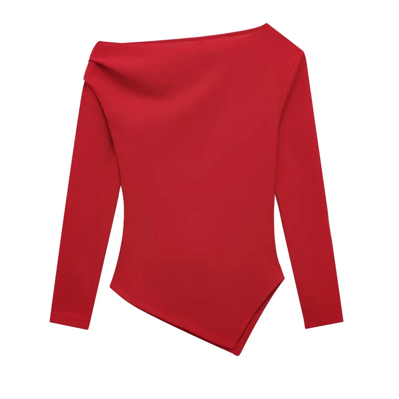 HXAO Womens Tops Off Shoulder Cropped Asymmetrical Top Spring 2025 Woman Ruffled Plain T-Shirts Long Sleeve Top Women's Blouses