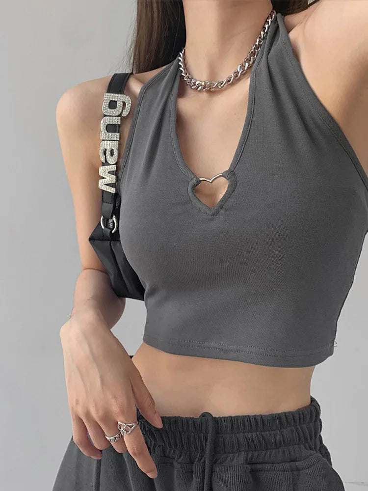 Women V Neck Hearted Hollow Out Halter Camis Tank Tops  Summer Fashion Slim Cropped Lace Up Camisole