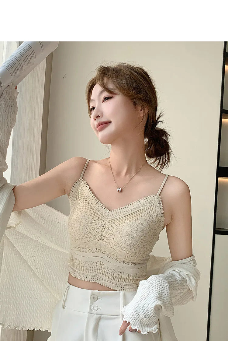 The New Women's Lace Vest with Seamless Small Halter Wrap Chest Seamless Underwear One Cup Anti-slip Bra Y2k Top Tank Top Halter