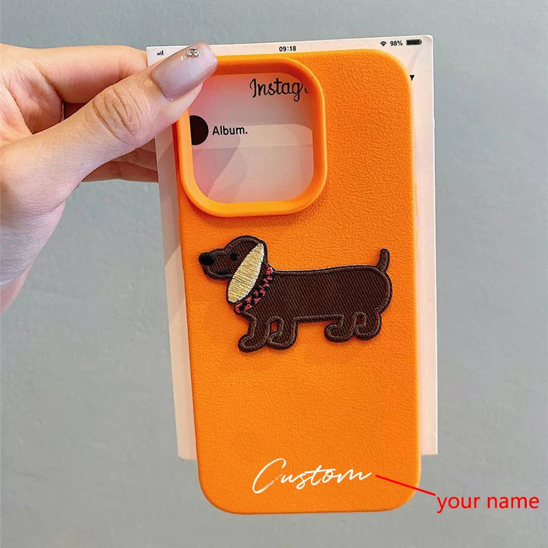 3D Cartoon Embroidery Dog Personalized Custom Name Phone Case For iPhone 16 15 14 13 11 12 Pro Max Plus X XS XR Candy DIY Cover
