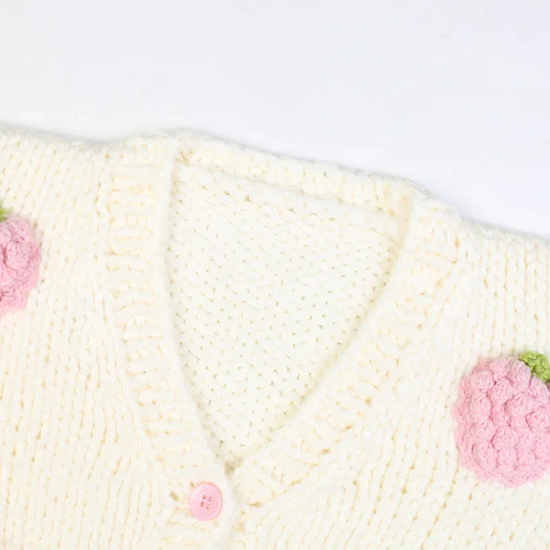 Spring Autumn Women Sweet Strawberry Sweater Cardigan Shirts Denim Pants 1 or 3 Piece Set Lady Fashion Knit Tops Jeans Outfits