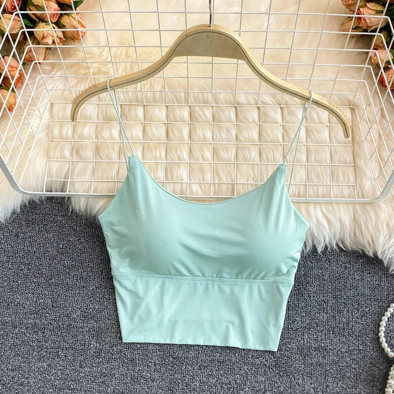 Sexy solid color crop tops sports spaghetti strap tanke top women built in bra off shoulder sleeveless omighty camisole hot