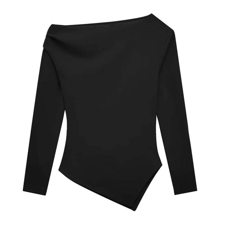HXAO Womens Tops Off Shoulder Cropped Asymmetrical Top Spring 2025 Woman Ruffled Plain T-Shirts Long Sleeve Top Women's Blouses