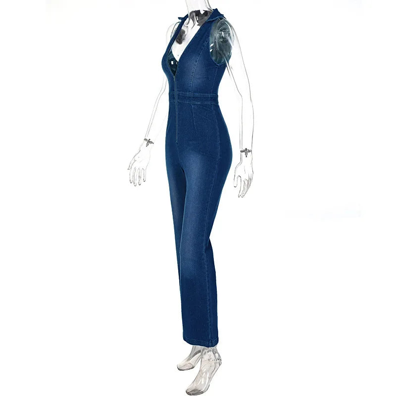 Hugcitar Denim Jumpsuit V Neck Zipper Bell Sleeveless Sexy Outifts Elegant Backpacker  Party Summer 2023