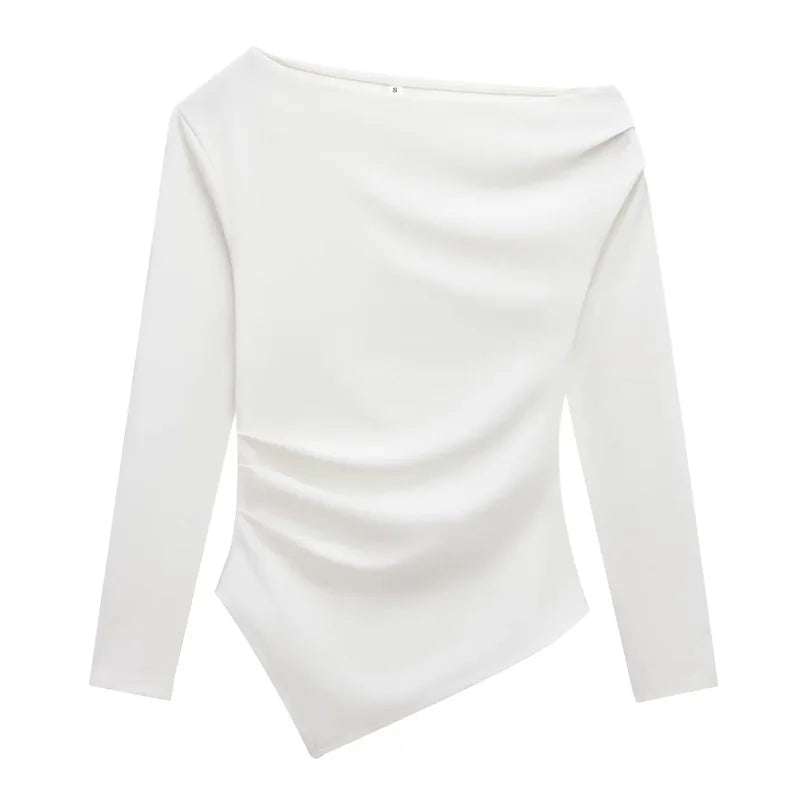 HXAO Womens Tops Off Shoulder Cropped Asymmetrical Top Spring 2025 Woman Ruffled Plain T-Shirts Long Sleeve Top Women's Blouses