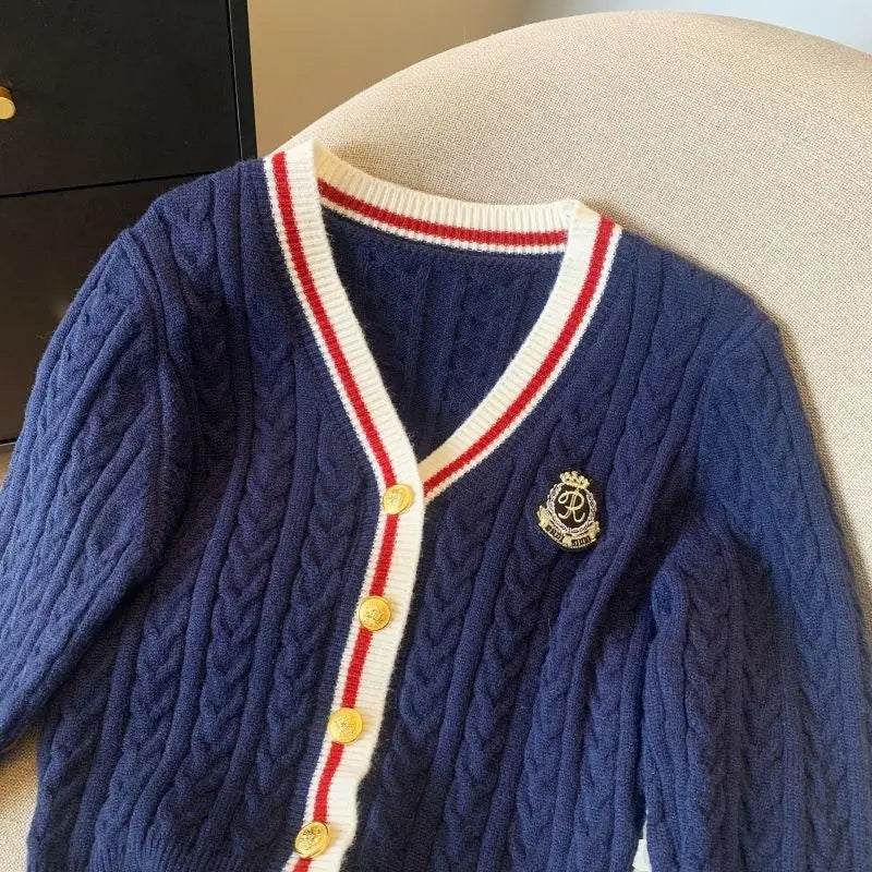 2025 Autumn Winter Preppy Style V-Neck Knitting Long Sleeve Cardigan Women Casual Appliques Single Breasted Female Loose Sweater