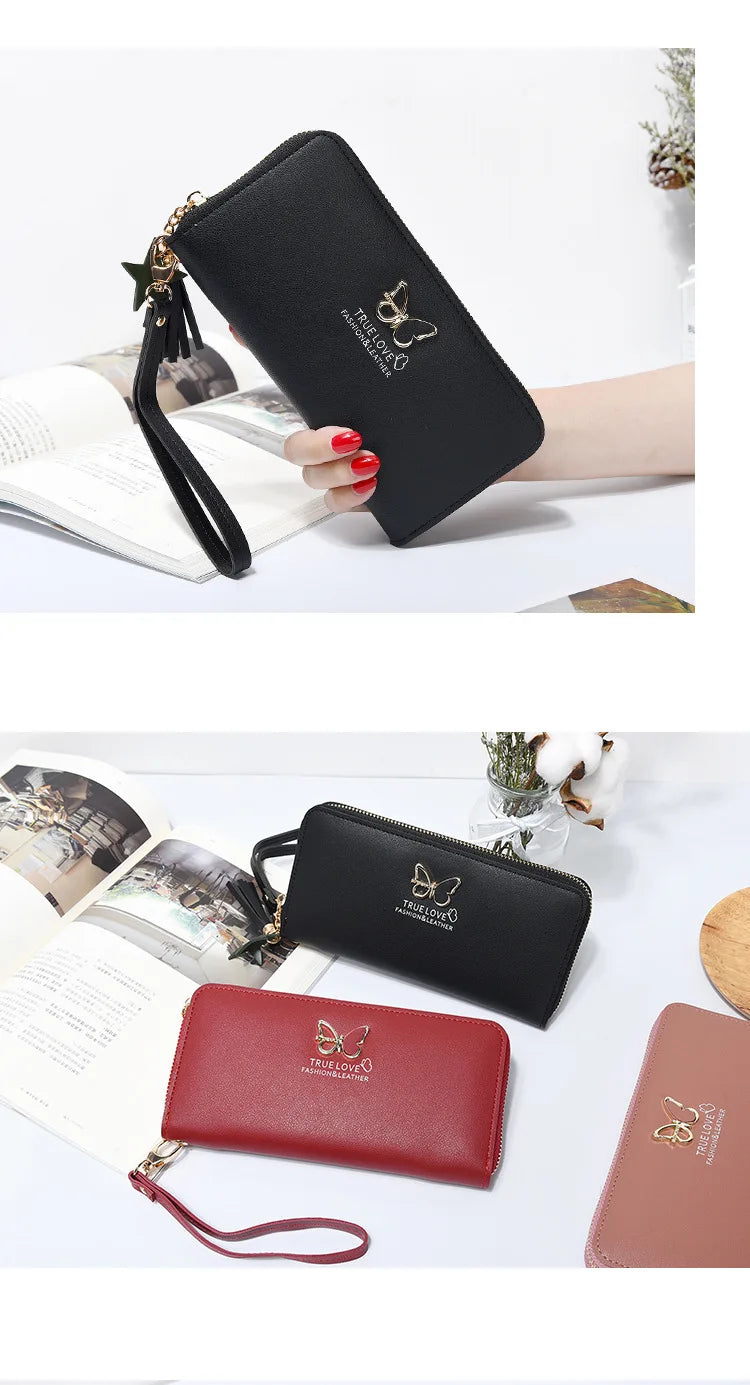 Fashion Butterfly Women Wallet Wrist Handle Phone Case Long Section Money Pocket Pouch Handbag Women's Purse Card Holders 2023