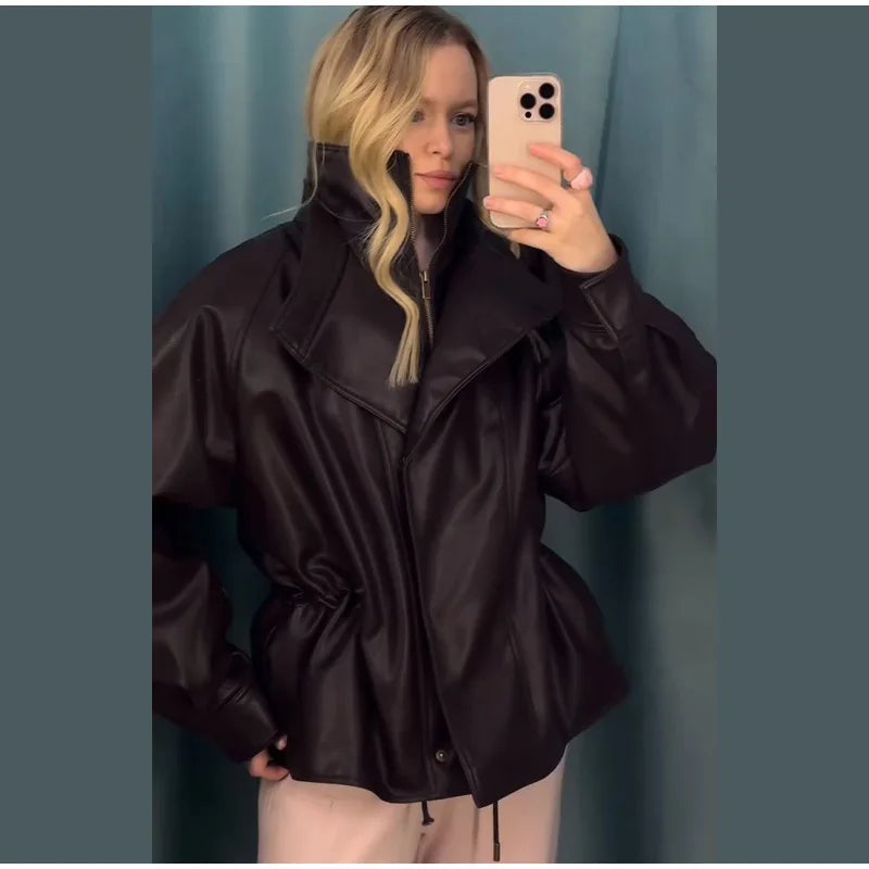 Fashion Brown Slim Waist Leather Jacket Women Loose Lapel Long Sleeve One Button Zipper Jackets 2026 Spring Street Lady Outwear