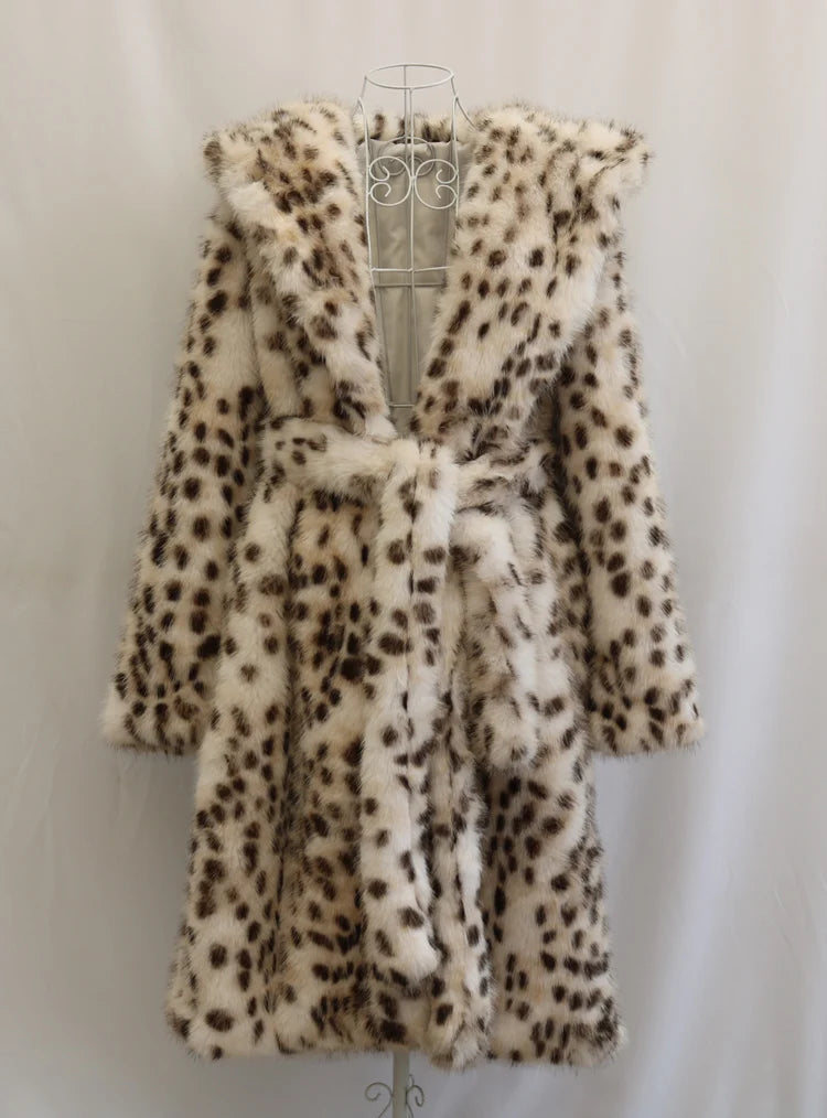 Women's leopard print faux fur coat fox fur long coat Wool hooded warm winter mink trench coat