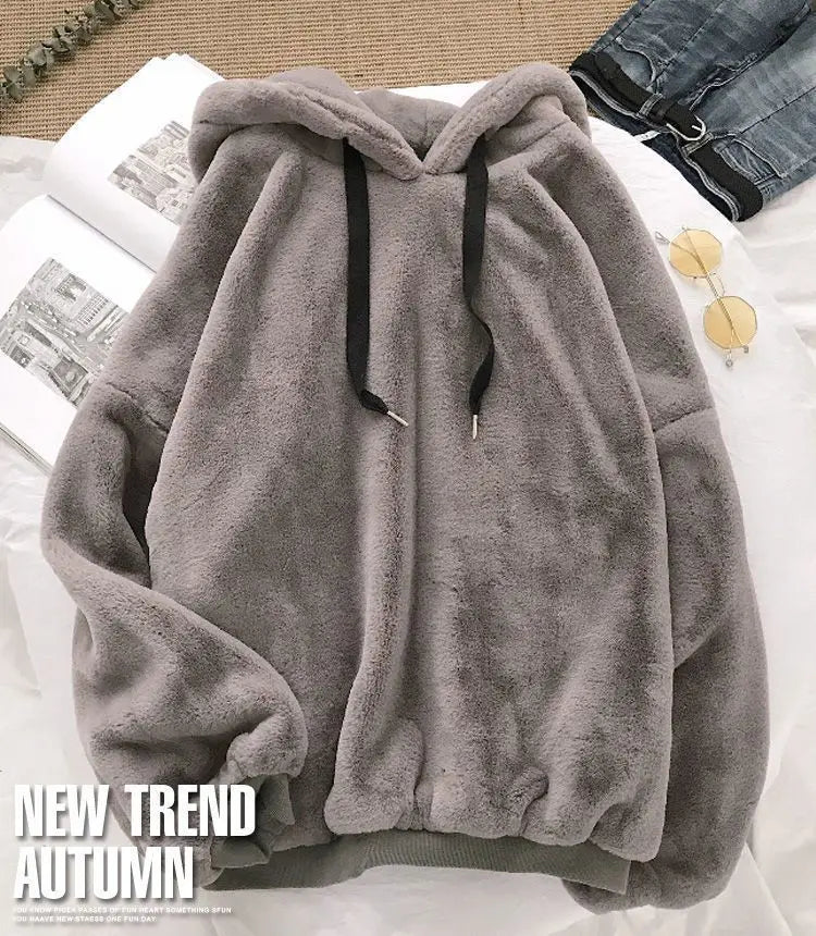 Plus Velvet Hoodies Women Hooded Thicker Furry Cozy Korean Fashion Couples Simple Winter Warm Coats Loose Outwear Slouchy Ins