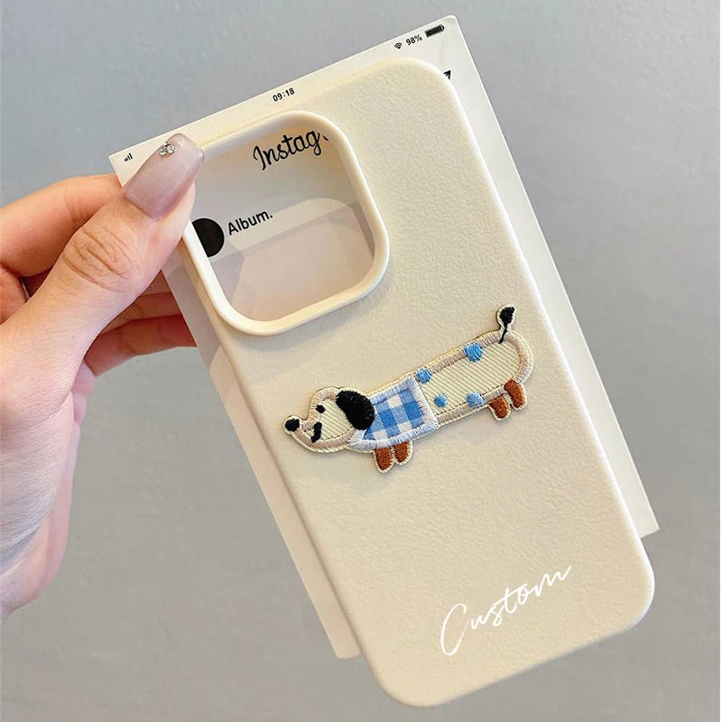 3D Cartoon Embroidery Dog Personalized Custom Name Phone Case For iPhone 16 15 14 13 11 12 Pro Max Plus X XS XR Candy DIY Cover