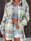 Women Plus Size Fashion Plaid Printed Shirt Casual Loose Long Sleeved Shirt  Lapel Design Shirt Tops