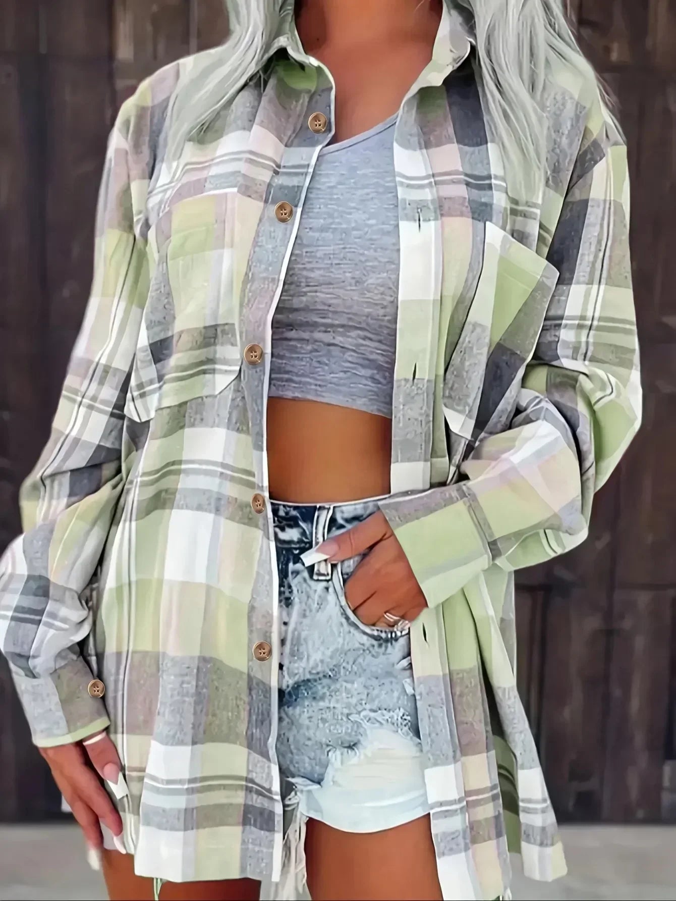 Women Plus Size Fashion Plaid Printed Shirt Casual Loose Long Sleeved Shirt  Lapel Design Shirt Tops