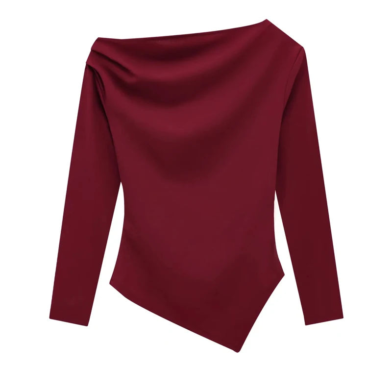 HXAO Womens Tops Off Shoulder Cropped Asymmetrical Top Spring 2025 Woman Ruffled Plain T-Shirts Long Sleeve Top Women's Blouses