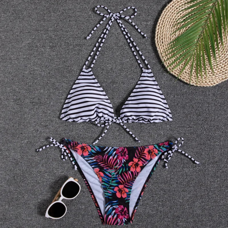 Leaves Print Swimsuit for Women,low Waist Drawstring Bikini,2-piece Swimwear,V-neck Susupender Backless Bathing Suit,beachwear