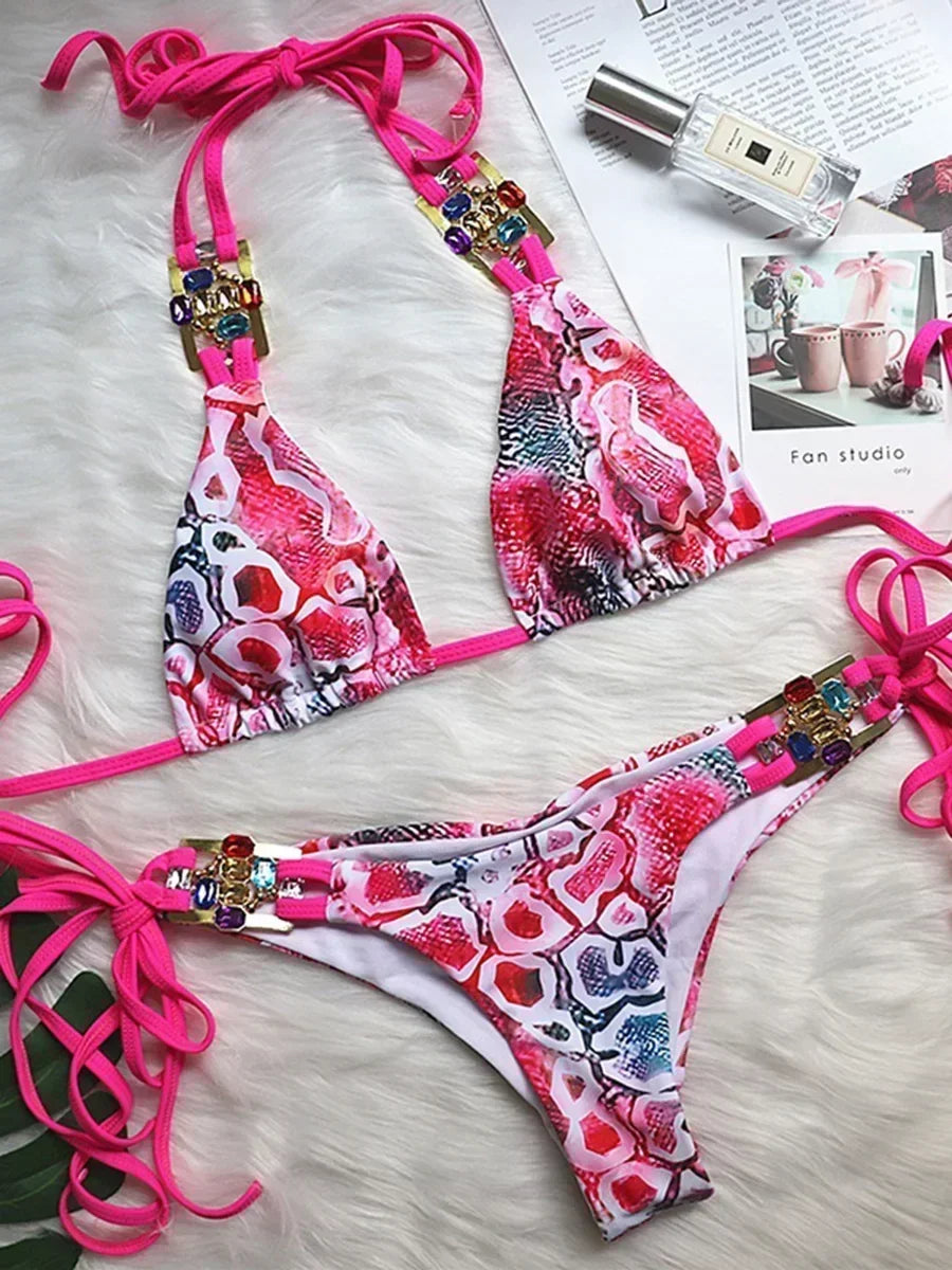 2025 Rhinestone Swimsuit Women Bikinis Crystal Diamond Bikini Set Metal Chain Swimwear female Luxury Aristocratic Swimming Suit