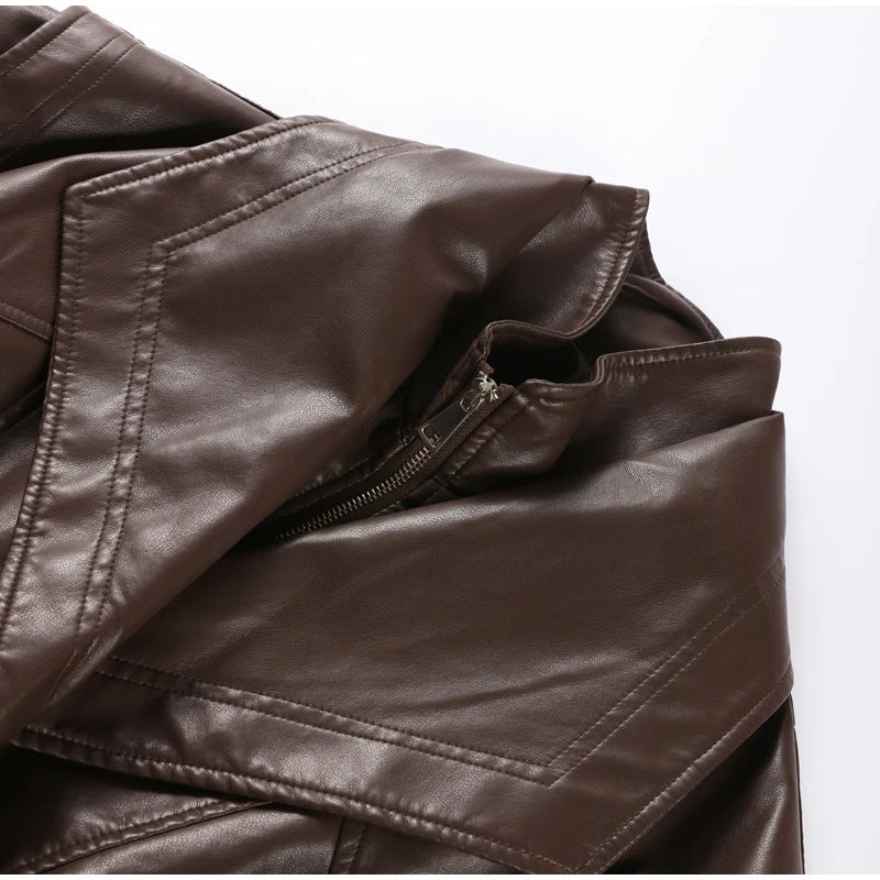 Fashion Brown Slim Waist Leather Jacket Women Loose Lapel Long Sleeve One Button Zipper Jackets 2026 Spring Street Lady Outwear