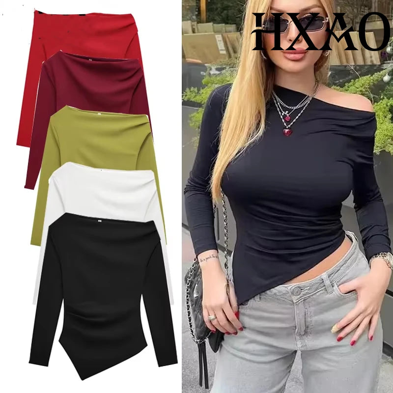 HXAO Womens Tops Off Shoulder Cropped Asymmetrical Top Spring 2025 Woman Ruffled Plain T-Shirts Long Sleeve Top Women's Blouses