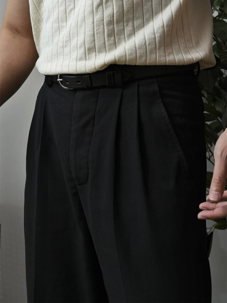 2025 Spring Trendy Mens Trousers Solid Color Pleated Loose Straight Pants Men Leisure Breathable Suit Trousers Men's Clothing