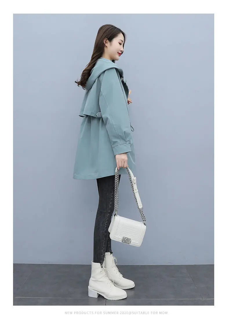 Spring and Autumn 2023 Women's Mid-length Trench Coat Hooded Zipper Tie-in Jackets British Style Loose Coats Women's Clothing