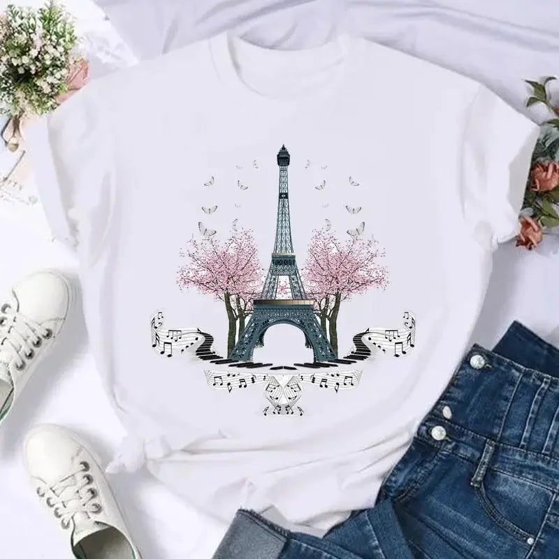 Women's Moon Print Short Sleeve T-Shirt Casual Cartoon Print Retro T-Shirt Graphic T Shirts Women Clothing Summer Streetwear Y2K