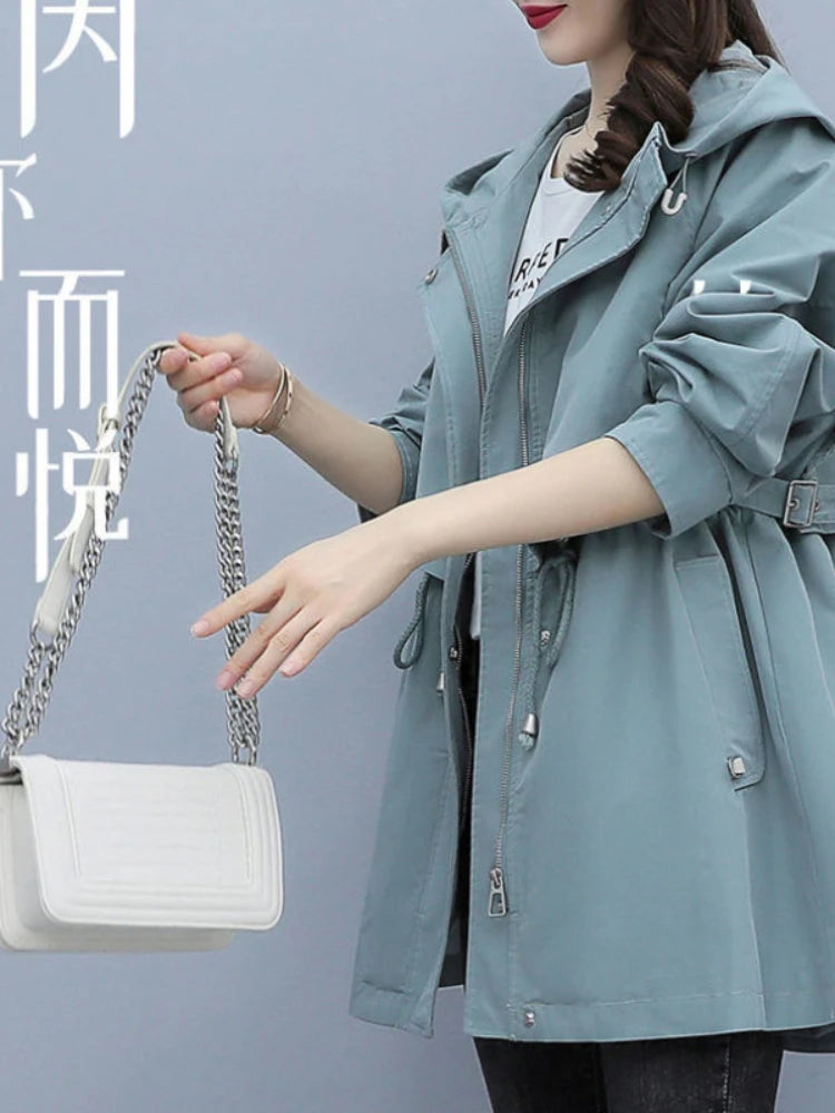 Spring and Autumn 2023 Women's Mid-length Trench Coat Hooded Zipper Tie-in Jackets British Style Loose Coats Women's Clothing