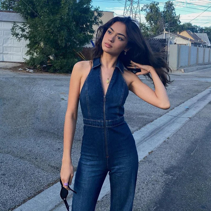 Hugcitar Denim Jumpsuit V Neck Zipper Bell Sleeveless Sexy Outifts Elegant Backpacker  Party Summer 2023