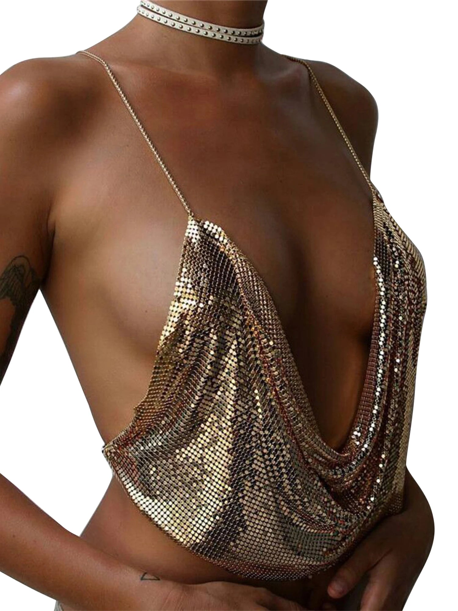 Sexy Halter Tank Tops Shining Metal Sequins Backless Low-Cut Tank Camisole For Women