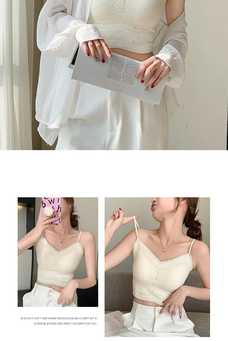 The New Women's Lace Vest with Seamless Small Halter Wrap Chest Seamless Underwear One Cup Anti-slip Bra Y2k Top Tank Top Halter