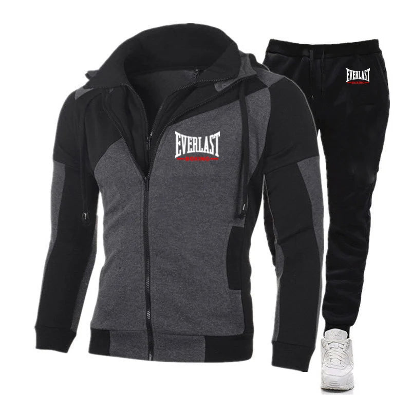 Everlast 2025 Spring Autumn Popular Comfortable Sports Sets Men's Cardigan Zipper Splicing Hoodies+Casual Sweatpants Suit