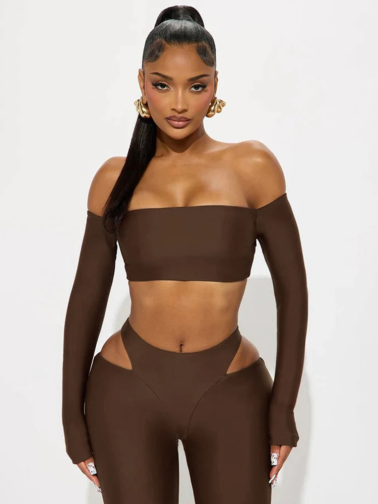 Cutenew Tight Slash Neck 2 Piece Set Women Crop Tops+High-Waist Hollow Leggings Matching Streetwear Casual Sporty Outfits